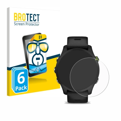 Front side of a product packaging with the brand logo BROTECT. Next to it is the device Garmin Forerunner 255 shown with the c