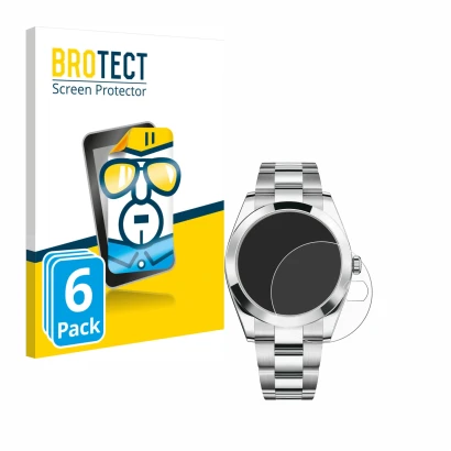Front side of a product packaging with the brand logo BROTECT. Next to it is the device Rolex Datejust 41 shown with the corre