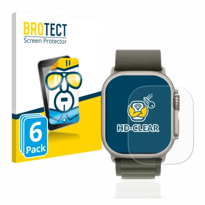 Front side of a product packaging with the brand logo BROTECT. Next to it is the device Apple Watch Ultra (49 mm) shown with t
