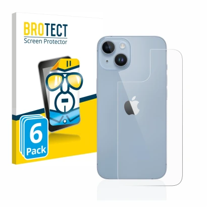 Front side of a product packaging with the brand logo BROTECT. Next to it is the device Apple iPhone 14 (Back) shown with the 