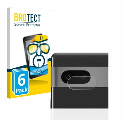 Front side of a product packaging with the brand logo BROTECT. Next to it is the device Google Pixel 7 (ONLY Camera Lens) show