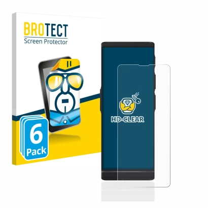 Front side of a product packaging with the brand logo BROTECT. Next to it is the device Vasco Translator V4 shown with the cor