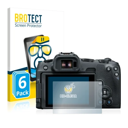 Front side of a product packaging with the brand logo BROTECT. Next to it is the device Canon EOS R8 shown with the correspond