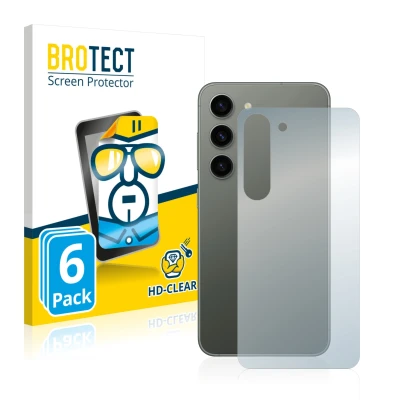 Front side of a product packaging with the brand logo BROTECT. Next to it is the device Samsung Galaxy S23 Plus (Back) shown w