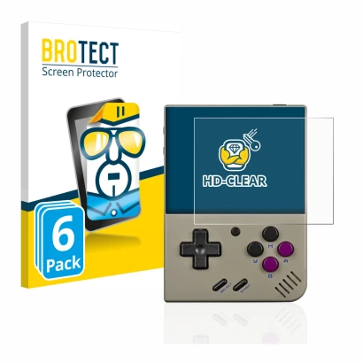 Front side of a product packaging with the brand logo BROTECT. Next to it is the device Miyoo Mini Plus shown with the corresp