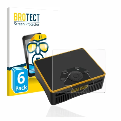 Front side of a product packaging with the brand logo BROTECT. Next to it is the device Junsi iCharger DX6 shown with the corr