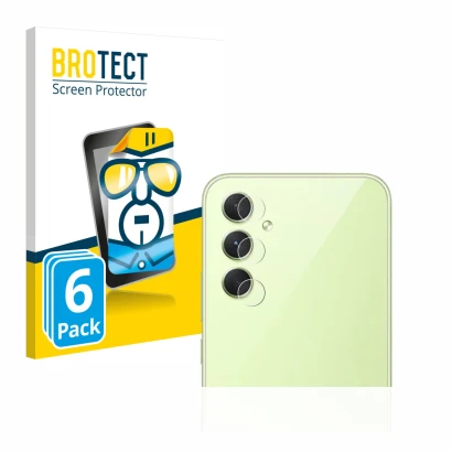 Front side of a product packaging with the brand logo BROTECT. Next to it is the device Samsung Galaxy A54 5G (ONLY Camera Len