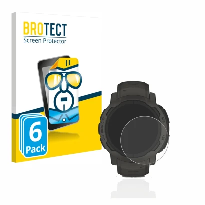 Front side of a product packaging with the brand logo BROTECT. Next to it is the device Garmin Instinct 2 Solar shown with the