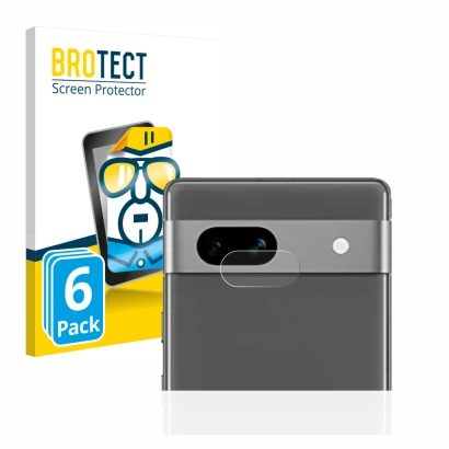 Front side of a product packaging with the brand logo BROTECT. Next to it is the device Google Pixel 7a (ONLY Camera Lens) sho