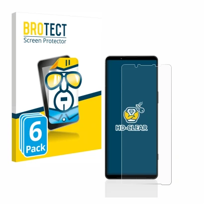 Front side of a product packaging with the brand logo BROTECT. Next to it is the device Sony Xperia 1 V shown with the corresp