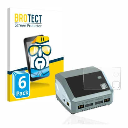 Front side of a product packaging with the brand logo BROTECT. Next to it is the device SkyRc D200 neo shown with the correspo