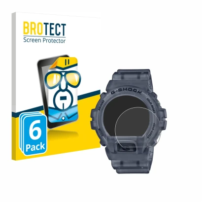Front side of a product packaging with the brand logo BROTECT. Next to it is the device Casio G-Shock DW-6900 shown with the c