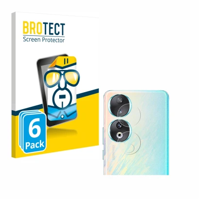 Front side of a product packaging with the brand logo BROTECT. Next to it is the device Honor 90 (ONLY Camera Lens) shown with