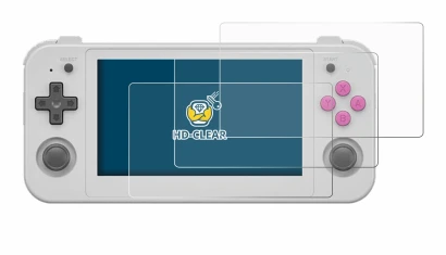 Image of the device Anbernic RG505 with a wide variety of screen protectors.