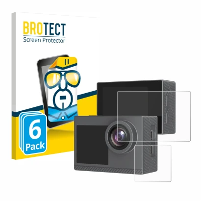 Front side of a product packaging with the brand logo BROTECT. Next to it is the device Akaso Brave 4 Pro shown with the corre
