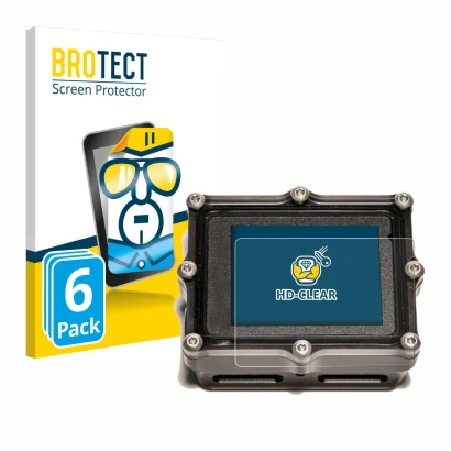 Front side of a product packaging with the brand logo BROTECT. Next to it is the device Shearwater Petrel 2 dive computer show