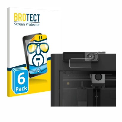 Front side of a product packaging with the brand logo BROTECT. Next to it is the device Bambu Lab P1S 3D Printer shown with th