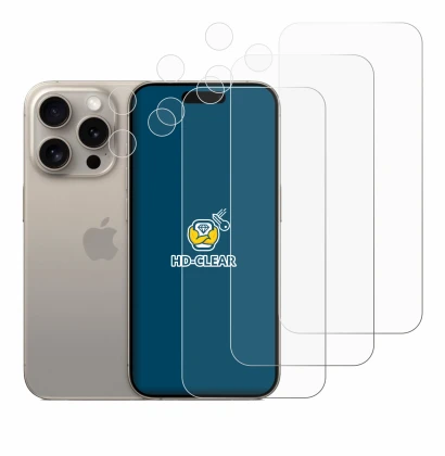 Image of the device Apple iPhone 15 Pro (Front+Camera) with a wide variety of screen protectors.