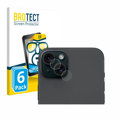 Front side of a product packaging with the brand logo BROTECT. Next to it is the device Apple iPhone 15 Plus (ONLY Camera Lens