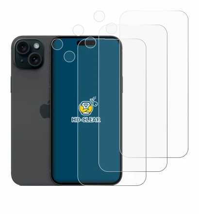 Image of the device Apple iPhone 15 Plus (Front+Camera) with a wide variety of screen protectors.