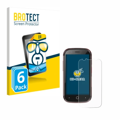 Front side of a product packaging with the brand logo BROTECT. Next to it is the device Unihertz Jelly Star shown with the cor