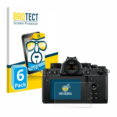 Front side of a product packaging with the brand logo BROTECT. Next to it is the device Nikon Z F shown with the corresponding