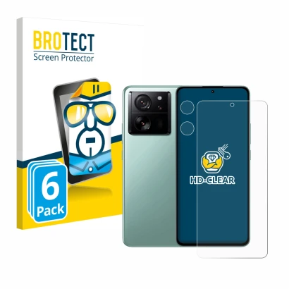 Front side of a product packaging with the brand logo BROTECT. Next to it is the device Xiaomi 13T Pro (Front+Camera) shown wi