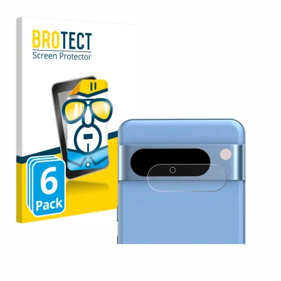 Front side of a product packaging with the brand logo BROTECT. Next to it is the device Google Pixel 8 Pro (ONLY Camera Lens)
