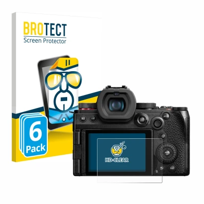 Front side of a product packaging with the brand logo BROTECT. Next to it is the device Panasonic Lumix DC-G9 II shown with th