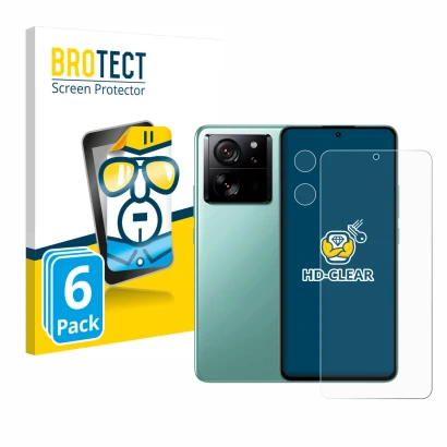 Front side of a product packaging with the brand logo BROTECT. Next to it is the device Xiaomi 13T (Front+Camera) shown with t