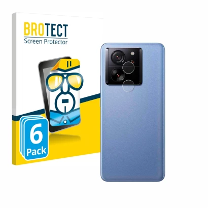 Front side of a product packaging with the brand logo BROTECT. Next to it is the device Xiaomi 13T (ONLY Camera Lens) shown wi