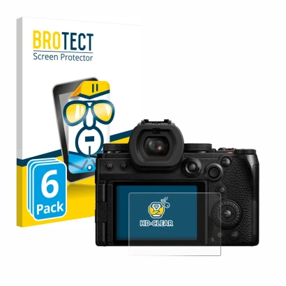 Front side of a product packaging with the brand logo BROTECT. Next to it is the device Panasonic Lumix DC-S5M2X shown with th