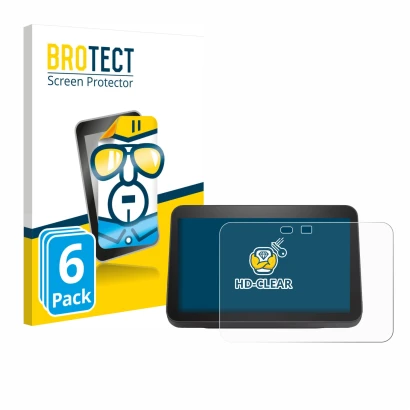 Front side of a product packaging with the brand logo BROTECT. Next to it is the device Amazon Echo Show 8 2023 (3th Gen.) sho