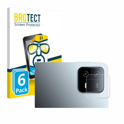Front side of a product packaging with the brand logo BROTECT. Next to it is the device Xiaomi Pad 6 (ONLY Camera Lens) shown