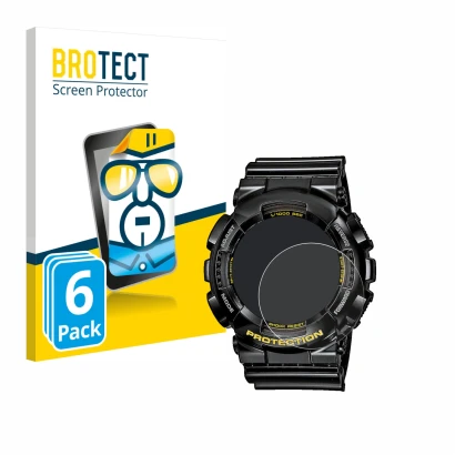 Front side of a product packaging with the brand logo BROTECT. Next to it is the device Casio G-Shock GA-110GB-1A shown with t