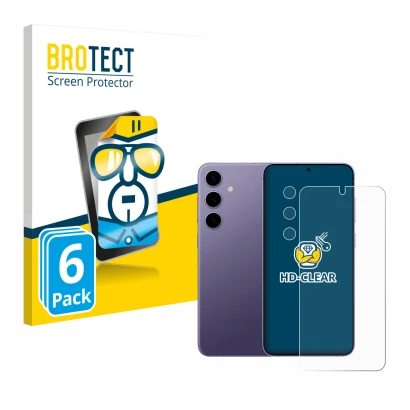 Front side of a product packaging with the brand logo BROTECT. Next to it is the device Samsung Galaxy S24 (Front+Camera) show