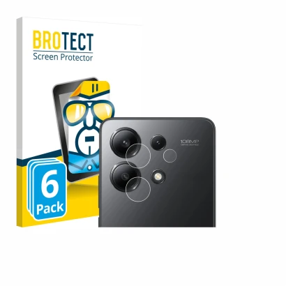 Front side of a product packaging with the brand logo BROTECT. Next to it is the device Xiaomi Redmi Note 13 (ONLY Camera Lens