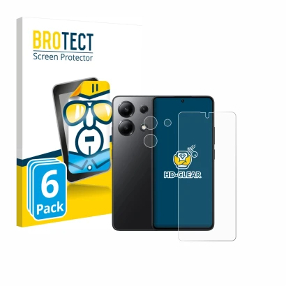Front side of a product packaging with the brand logo BROTECT. Next to it is the device Xiaomi Redmi Note 13 5G (Front+Camera)