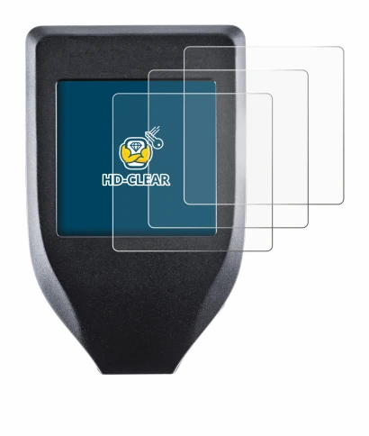 Image of the device Trezor Model T with a wide variety of screen protectors.