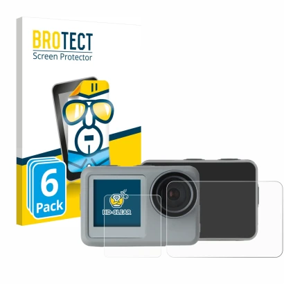 Front side of a product packaging with the brand logo BROTECT. Next to it is the device Rollei Actioncam 9s Plus shown with th
