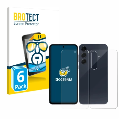 Front side of a product packaging with the brand logo BROTECT. Next to it is the device Samsung Galaxy A55 5G (Front+Back) sho
