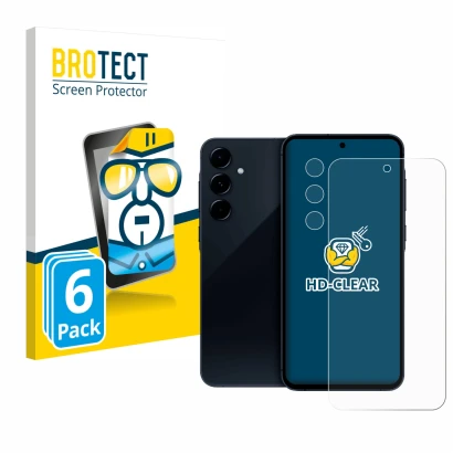 Front side of a product packaging with the brand logo BROTECT. Next to it is the device Samsung Galaxy A35 5G (Front+Camera) s