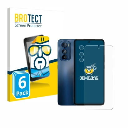Front side of a product packaging with the brand logo BROTECT. Next to it is the device Motorola Edge 30 (Front+Camera) shown