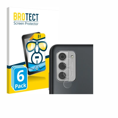 Front side of a product packaging with the brand logo BROTECT. Next to it is the device Nokia G42 5G (ONLY Camera Lens) shown 