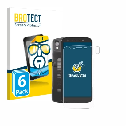 Front side of a product packaging with the brand logo BROTECT. Next to it is the device Zebra TC22 (Front+Camera) shown with t