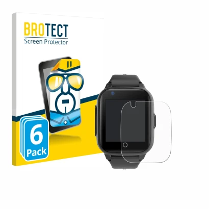 Front side of a product packaging with the brand logo BROTECT. Next to it is the device Leotec Kids Allo Plus 4G shown with th