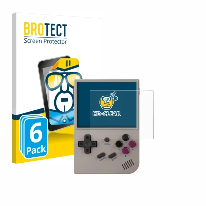 Front side of a product packaging with the brand logo BROTECT. Next to it is the device Anbernic RG35XX Plus shown with the co