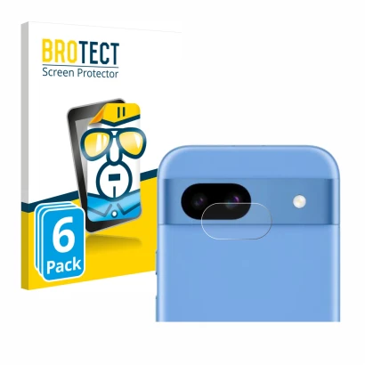 Front side of a product packaging with the brand logo BROTECT. Next to it is the device Google Pixel 8a (ONLY Camera Lens) sho