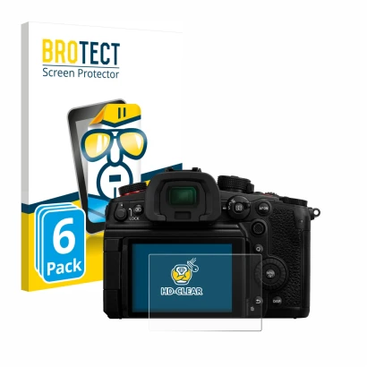Front side of a product packaging with the brand logo BROTECT. Next to it is the device Panasonic Lumix DC-GH7 shown with the