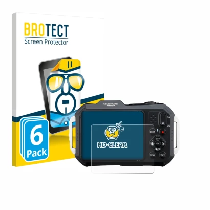Front side of a product packaging with the brand logo BROTECT. Next to it is the device Ricoh Pentax WG-1000 shown with the co
